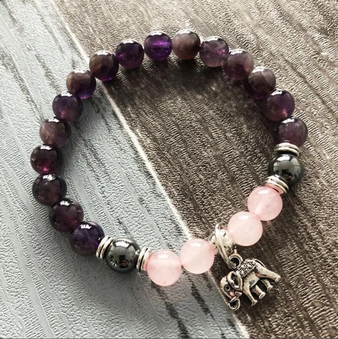 Rose Quartz Amethyst Grounding Balancing Bracelet With Elephant Charm