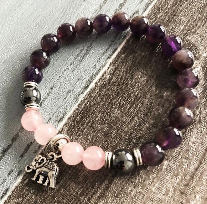 Rose Quartz Amethyst Grounding Balancing Bracelet With Elephant Charm