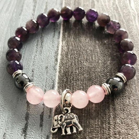Rose Quartz Amethyst   Grounding Balancing Bracelet With Elephant Charm